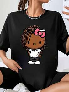 T-Shirt Featuring A Cute Cartoon Character With Dreadlocks, Perfect For Women And Men. This Unisex T-Shirt Is Ideal For Casual Wear And Makes A Great Gift For Fans Of [Character Name/Character Name]. - 黑色 - 查看 7