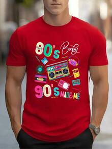 Vibrant Memories Of 80s And 90s Pop Culture With Cassette Tapes, Portable Radios, Records And Retro Colors On A Men's T-Shirt, 100% Cotton, 220g - 白色 - 查看 1