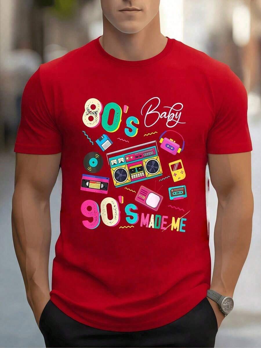 Vibrant Memories Of 80s And 90s Pop Culture With Cassette Tapes, Portable Radios, Records And Retro Colors On A Men's T-Shirt, 100% Cotton, 220g - 白色 - 查看 1