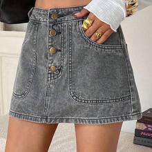 guang zhou mi qian shang mao  Falda corta de mezclilla con cintura regular y corte evasé, estilo casual y elegante - Gris - Ver 4