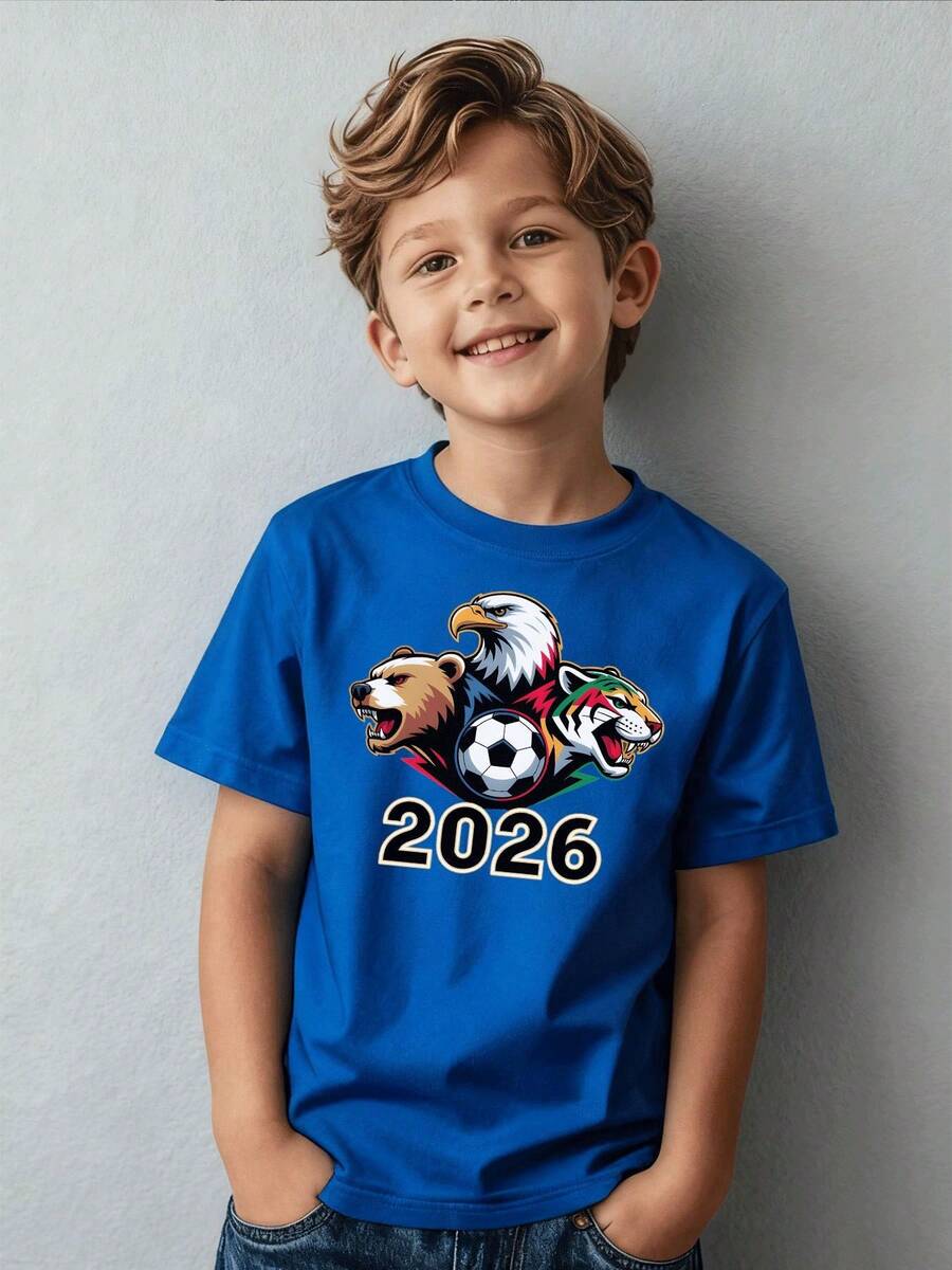 Casual Sports T-Shirt For Kids With Soccer Ball, Eagle, Bear And Tiger Graphic, Ideal For Children Aged 5-13, Perfect For Parties And Christmas Gifts In 2026 - 藍色 - 查看 1
