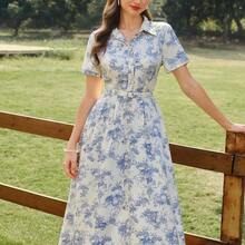 Vestido de mujer elegante y vintage con bolsillos y cinturón, vestido camisero con estampado floral, cierre con botones, vestido casual para ir y venir, vacaciones, vestidos de verano para mujer, atuendos de vacaciones de verano, atuendos de primavera para mujer, vestidos de primavera para mujer, ropa de primavera para mujer, atuendos de vacaciones de primavera, vestidos elegantes para fiestas, vestidos elegantes para fiestas para mujer, vestido de invitada de boda para mujer, vestido - Azul y blanco - Ver 5