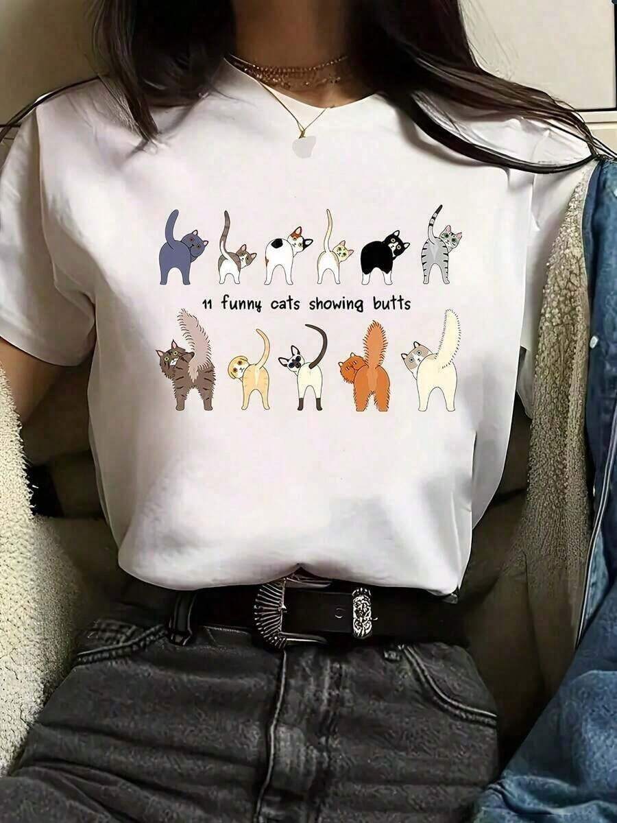 Women's Cotton T-Shirt: This Graphic Tee Features An Adorable Kitten Print And A Funny Cat Slogan With Cat Butts Showing. The Lightweight, Breathable, Short-Sleeve Crew Neck Tee Is Perfect For Cat Lovers, Pet-Themed Events, And Everyday Casual Wear. The Playful Design Includes Tabby, Tuxedo, And Maine Coon Patterns. A Spring/Fall Wardrobe Essential, No Sewing Required. Made From 210g 100% Cotton, All Designs Are Printed. Unisex. A Basic Women's Shirt. - 白色的 - 查看 1