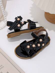 Children's Fashion Summer Flat Sandals, One-Piece Sandals, New Stylish Elegant Minimalist Princess Style Baby Sandals, Hollow Design, Cartoon Flower Pearl Decor - Black - View 5