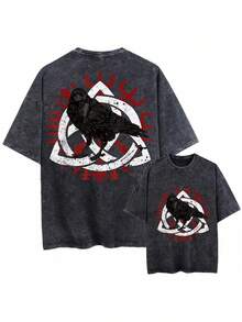 Loose Black T-Shirt With Vintage Effect, Unisex Clothing With Print, Three-Line Raven Symbol On Red Background, Viking Raven, Odin Rune, Viking T-Shirt, 100% Pure Cotton, Short Sleeve, Solid Color, Round Neck, Soft Style. - 黑色 - 查看 6