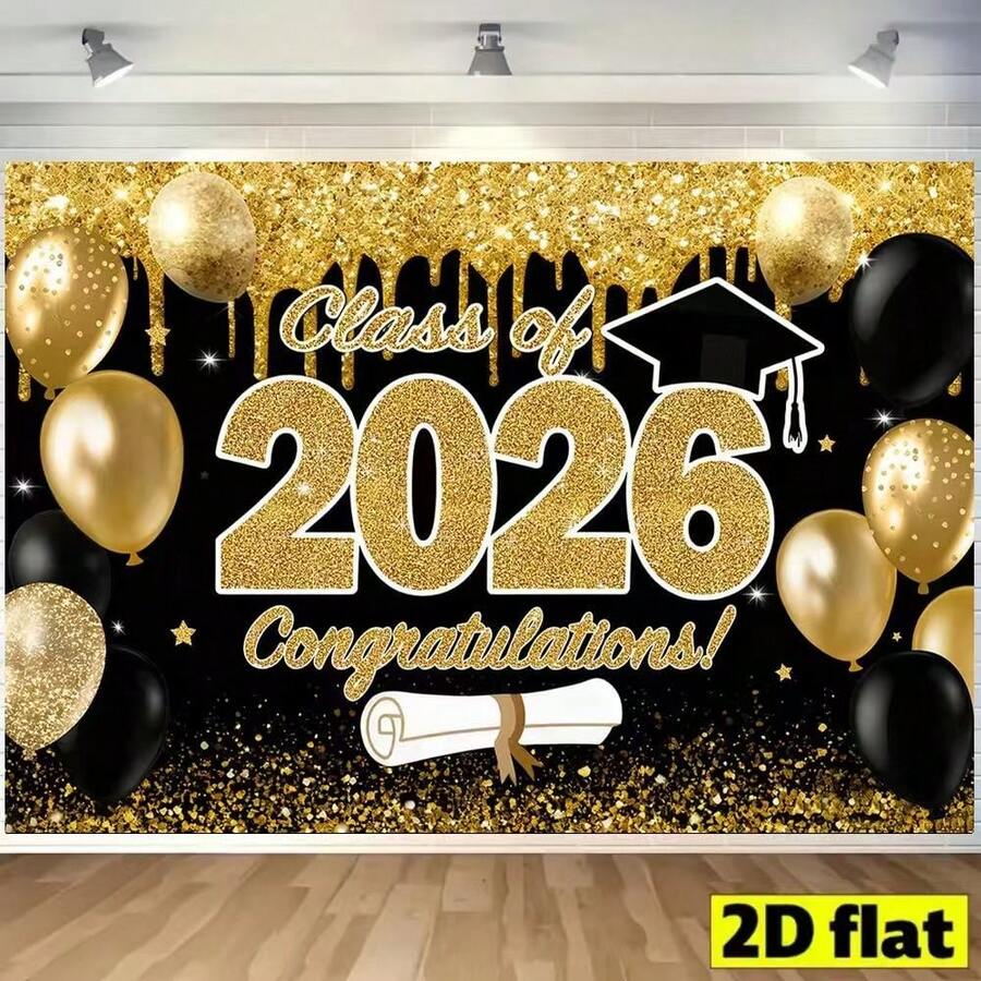 2D平面横幅1件装，2026毕业庆典横幅背景，2026届毕业生祝贺图案背景，黑金背景布，室内外墙面装饰，2026届高中/大学毕业派对用品，家居装饰