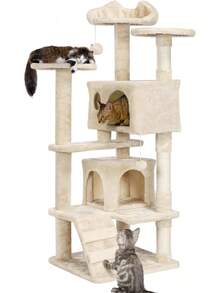 Dark Grey Multilevel Cat Tree Tower 138.5cm With Condos Ladder Scratching Posts Indoor Cat Climbing House Pet Activity Centre For Kittens - Beige - View 10