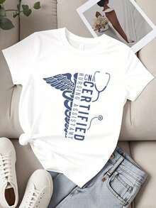 Great ! Women's Crew Neck T-Shirt, Certified By The Nurses Association, With Stethoscope And Caduceus Print, Short Sleeve, For Healthcare Professionals And Medical Workers - 黑色 - 查看 8