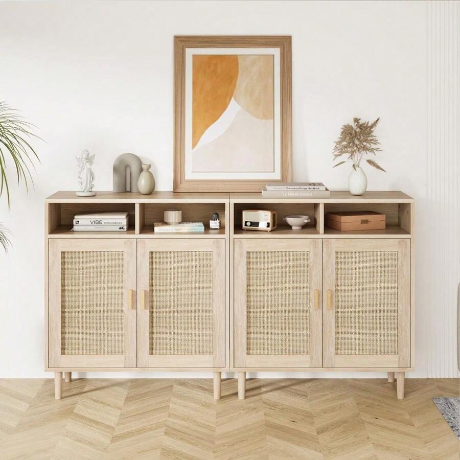 2 Pack 36" Modern Rattan Sideboard Cabinet - 2-Door Storage Buffet With Shelf, Boho TV Stand & Coffee Bar For Dining Room, Kitchen & Entryway - Ver 1