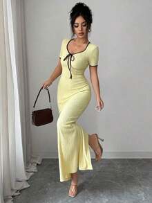 Vestido largo ajustado de manga corta con diseño de lazo en la cintura y cuello de corazón elegante y romántico en color albaricoque, para primavera/verano - Amarillo claro - Ver 3