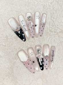 10pcs Handmade Long Stiletto Nails Y2K Sweet Style Black Fan Gradient Heart Polka Dot French Manicure, With 3D Bow, Suitable For Dates, Parties And Concerts, Reusable Handmade Press-On Nail Set, Includes Jelly Glue, 1pc Nail Tip And 1 Mini Nail File - Baby Pink - View 10