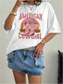 Y2K - Women's T-Shirts With Lip Print, Round Neck, Short Sleeve, Loose Fit And Versatile Shirt - White Cowboy Boots - View 2