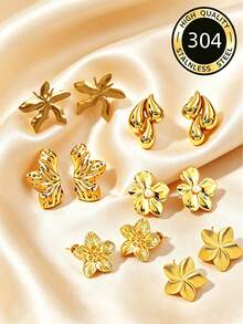 1 Pair/2 Pairs/3 Pairs/6 Pairs Gold Maple Leaf, Water Drop, Flower Ear Stud Earrings, Women's Fashion Item, Charming Jewelry, Suitable For Daily Wear, Parties, Music Festivals, Holiday Gifts - Gold - View 10