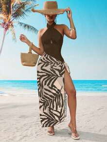 wim 1 pieza Traje de baño de una sola pieza para mujer, con cuello de halter y lazo, en verde fresco, informal para playa, piscina,, primavera/verano - Multicolor - Ver 1