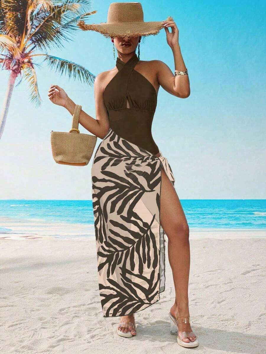 wim 1 pieza Traje de baño de una sola pieza para mujer, con cuello de halter y lazo, en verde fresco, informal para playa, piscina,, primavera/verano - Multicolor - Ver 1