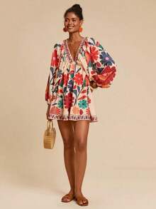 Vestido de gasa con cuello en V y manga larga con estampado floral para mujer, adecuado para vacaciones, estilo de vacaciones, estampado gráfico tejido, atuendos casuales de verano para vacaciones, atuendos de vacaciones en la playa bohemia, ropa bohemia chic, atuendos de festivales de vacaciones, atuendos de playa para mujer, atuendos de verano para mujer, atuendo de graduación, atuendos de cumpleaños para mujer, artículos esenciales de playa, atuendo de aeropuerto para mujer, vestido de té, vestido de cumpleaños, vestido de verano, verano europeo, ropa bohemia para mujer, vestido elegante para mujer - Multicolor 3 - Ver 10
