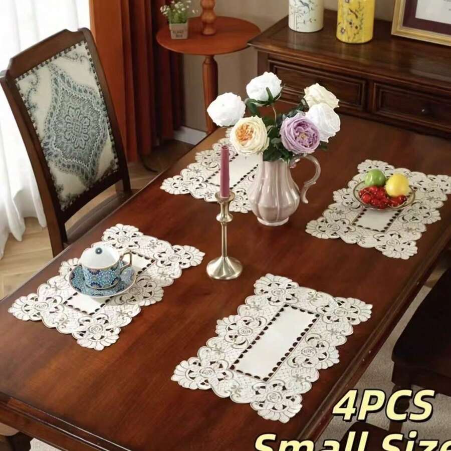 4pcs Embroidered Floral Placemats, French Romantic Polyester Fiber Suitable For Dining Table, Coffee Table, Tea Table, Daily Home Decor, Wedding, Party And Holiday - White - View 1