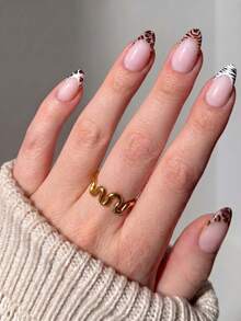 24 pièces Faux ongles courts en forme d'amande, ongles artificiels, pointes d'ongles pour femmes, avec motif léopard sur les pointes françaises. Faux ongles brillants et élégants, convenant pour les fêtes, le port quotidien, un beau cadeau pour les dames. Fournitures pour ongles - Multicolore - Voir 7