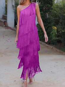 Long Asymmetrical Off-The-Shoulder Formal Dress With Fringe, New 2026 Collection For Women - 紫色 - 查看 3