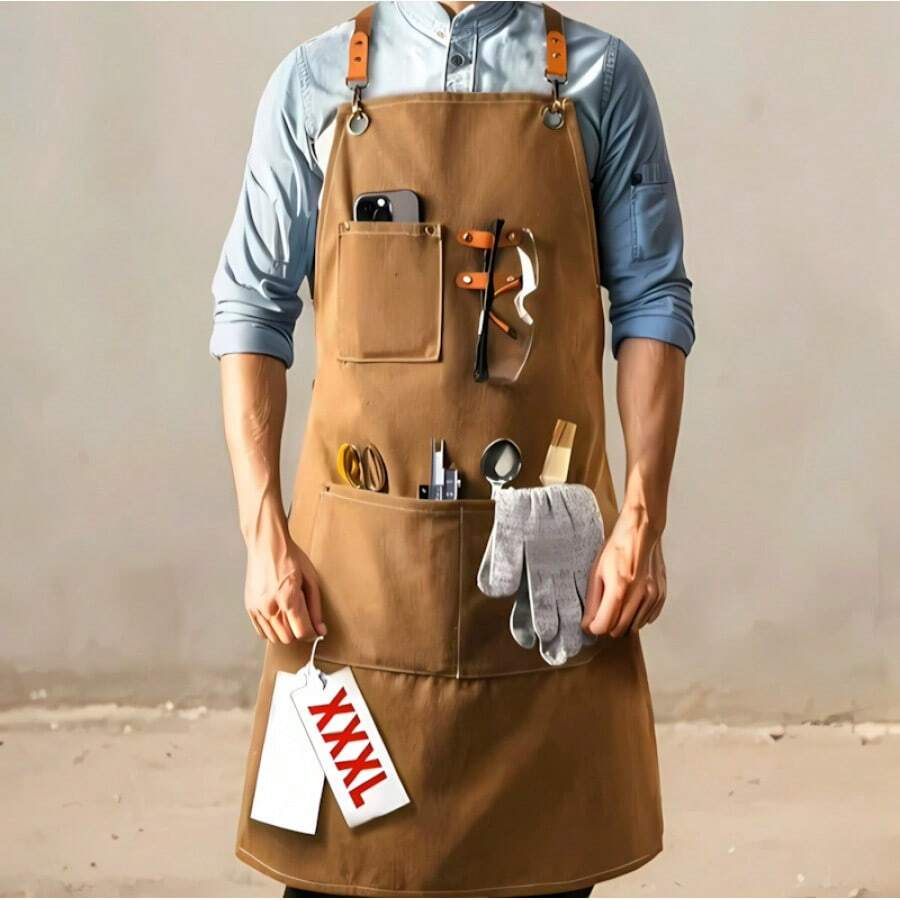 Eine Unisex-Kochschürze mit Taschen, verstellbaren Kreuzträgern, im Casual-Stil, Größen von L bis XXL. - braun - Übersicht 1