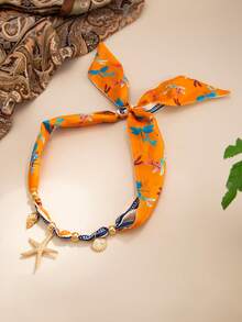 1 pieza Pañuelo estampado con estilo bohemio con colgante de dije de estrella de mar, concha, flor, mariposa y corazón, lujoso y elegante, adecuado para boda, fiesta, vacaciones, uso casual, estilo callejero, mujeres y parejas, regalo de vacaciones y cumpleaños - Dorado - Ver 9