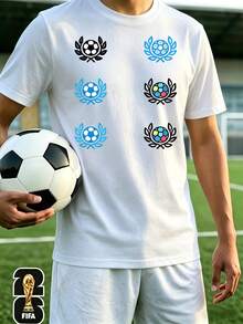 [Officially Licensed By The World Cup] Football Badge Print T-Shirt, Sporty And Casual Style, Soft And Flowy For Summer, Loose Fit That Flatters All Body Types, Skin-Friendly And Breathable Fabric, Soft And Comfortable, Cool Retro Style, Suitable For Spring - High Quality. - 白色 - 查看 7