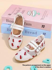 1 Pair Girls' Mesh Flat Sandals, Double Strap Buckle Cherry Embroidered Sandals, Versatile Pastoral Ballerina Style, Suitable For Picnics, Flower Girls, Outfit Matching, Vacation Travel - White - View 2