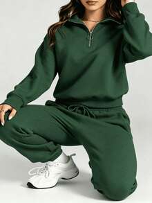 Women's Two-Piece Tracksuit With Half Zip And Matching Pants - 綠色 - 查看 6