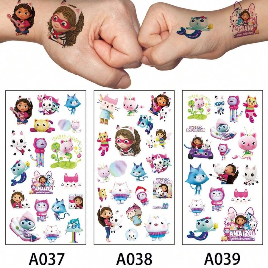 1套/3片 Gabby's Dollhouse 臨時紋身貼紙，可愛卡通貓兒童防水假紋身，兒童生日派對贈品，禮物袋填充物，嬰兒洗禮會身體藝術貼紙，教室獎勵與兒童DIY身體裝飾用品 - 彩色 - 查看 1