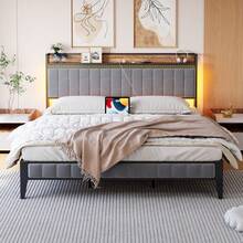 Modern Upholstered Platform Bed Frame With LED Headboard – Storage, Charging Station (USB & Type-C), Sturdy Metal, No Box Spring, Easy Assembly - Grey - View 8