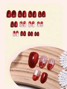 24pcs Cat Eye Red Acrylic Nail Stickers, Medium Oval Shape, 3D Cherry Gradient Decor, Rhinestone Design, Fashionable Y2K Style, Smooth Surface, Full Coverage, Suitable For Women And Girls Daily Wear Nails Nail Supplies - Red - View 3