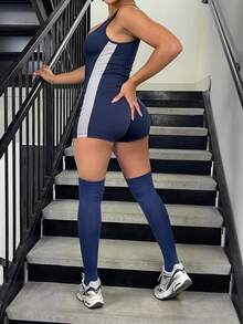 LovelyWholesale 女士侧条纹瑜伽连体裤，圆领，夏季运动服 - 藏蓝色 - 查看 4