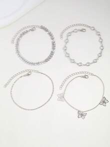 4pcs Fashionable Minimalist Elegant Butterfly Multi-Layer Anklets For Women, Summer - Silver - View 2