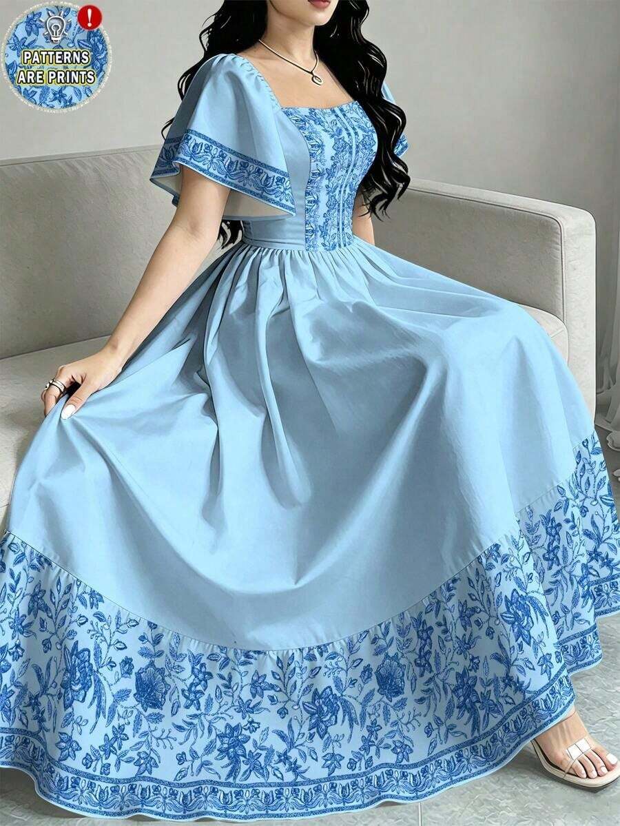 Vestido de manga corta con cuello cuadrado y estampado floral, vestido de longitud media con cintura ceñida, vestido largo con estampado floral verde para el verano - Multicolor 5 - Ver 1