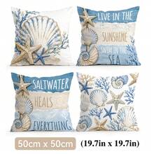 4pcs Blue & Gold Shell Text Design Pattern Pillow Covers, Single-Sided Printed Cushion Covers, Suitable For Living Room, Bedroom, Home Decor, All Seasons - Multicolor - View 11