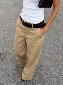 Women's Casual Everyday Commute Solid Color Loose Wide Leg Pants, Versatile For All Seasons, Minimalist, Quiet Luxury - Khaki - View 3