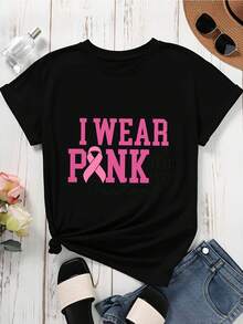I'm Wearing Pink For My Custom Breast Cancer Awareness T-Shirt, With A Pink Ribbon Design And Text For Breast Cancer Support And Awareness Events. - Black - View 4