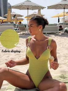 Swim Vcay Women's Hollow-Out Textured Cream Yellow Metallic Decor Bandeau One-Piece Swimsuit And Beach Outfit, Summer - 黑色 - 查看 5