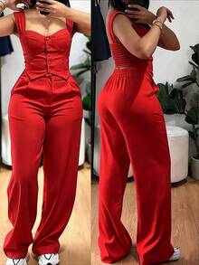 Bộ đồ nữ 2 món: Áo hai dây ôm sát có cúc phía trước, dây đeo điều chỉnh được, kết hợp với quần ống rộng thoải mái (Phiên bản tối ưu) Thanh lịch - Đỏ - Xem 6