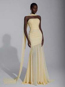 Elitara Vestido de gasa elegante de color crema amarillo con cuello halter (lentejuelas desmontables), busto fruncido, bajo de malla con cola de pez, adecuado para citas, vacaciones, bodas, eventos de dama de honor - Amarillo - Ver 7
