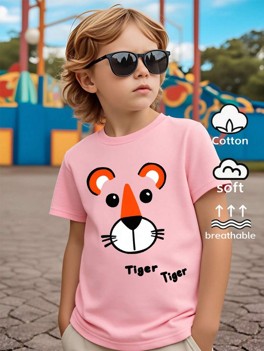 Boys' 100% Casual Short-Sleeve T-Shirt With Tiger Face Print – Fun Summer Design, Machine Washable, Regular Fit For Casual Wear, Playful Fashion For Boys, Comfortable Children's Clothing, Fun Print, Breathable Fabric, For Toddlers - 灰色 - 查看 1