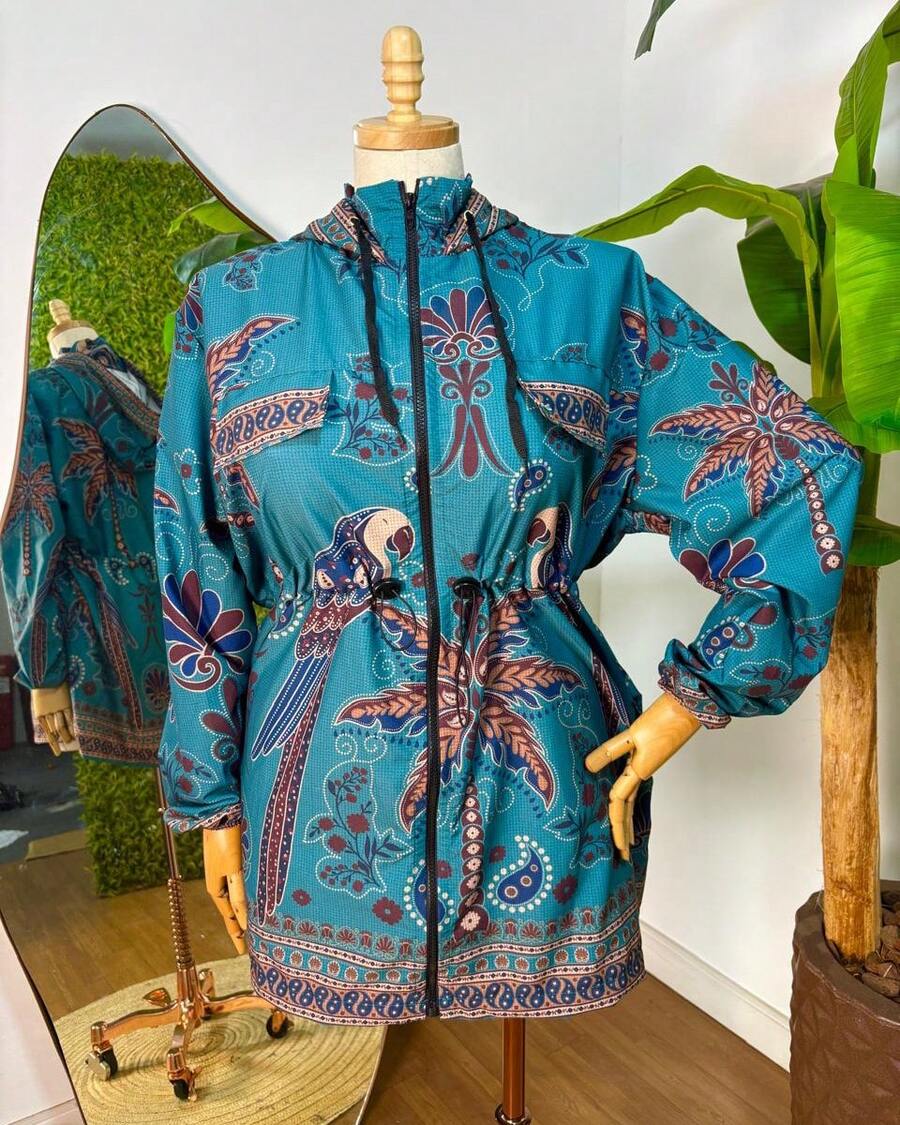 Plus Size Printed Windbreaker Jacket, Plus Size Parka, Nylon Blouse - 14 - View 1