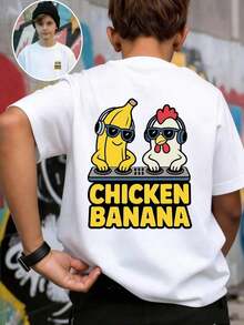Boys' T-Shirt With Fun Chicken And Banana Print, Soft And Comfortable Fabric, Suitable For Outdoor Sports, Casual Wear, Urban Wear, School Wear, Versatile Fashion T-Shirt For Boys In Spring/Summer. - 白色 - 查看 5