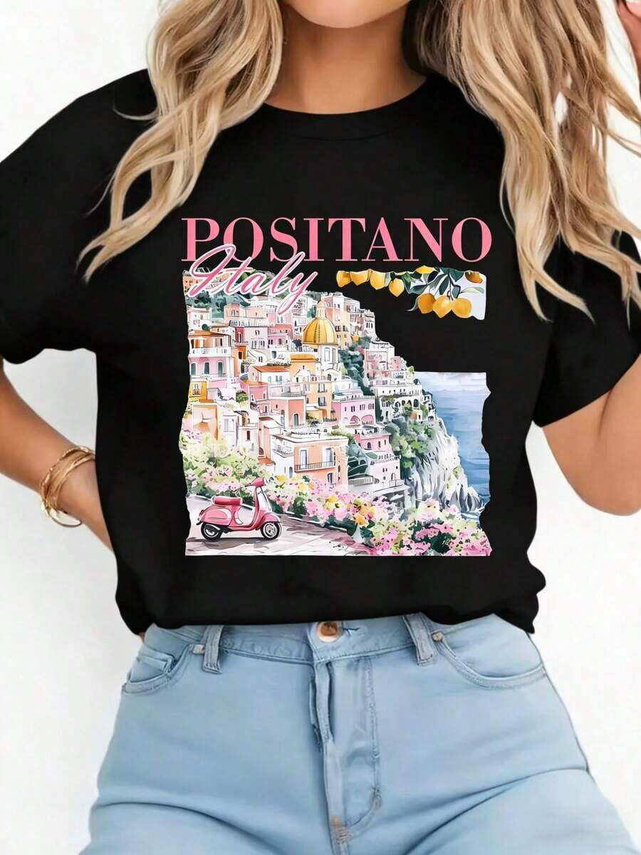 Women's Casual T-Shirt, 100% Pure Cotton, With Watercolor Graphic Print Of Italy, Positano And Amalfi, Round Neck, Short Sleeve, Soft To The Touch, White, For Everyday Wear, New 2026, Fashion - 黑色 - 查看 1