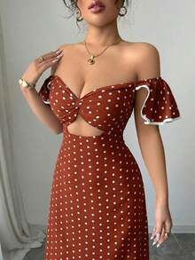 Vestido de estilo callejero elegante de mujer con lunares, hombros descubiertos y abertura en la cintura, ideal para vacaciones de verano - Amarillo - Ver 8