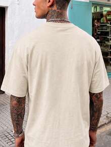 Fractyr 男款披薩食譜印花寬鬆版型 T-shirt，柔軟觸感杏色休閒街頭風，復古美食藝術圖案 - 杏色 - 查看 5