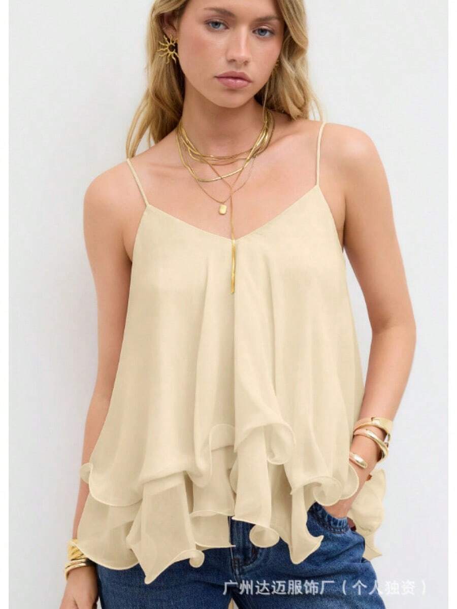 Women's Tank Top Elegant Chiffon Sleeveless Flowy Layered Cami Top - 杏色 - 查看 1