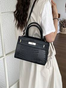 Túi xách & Túi đeo vai khóa cài thời trang tối giản dập vân cá sấu, Túi tote phong cách Pháp màu trơn dập vân cá sấu/da rắn, Đa năng cho đi làm, hẹn hò, sự kiện buổi tối - màu đen - Xem 8