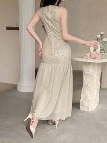 Vestido de mujer de gasa con parches de lentejuelas elegante - Albaricoque - Ver 7