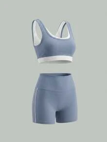 UONNOU 2件組女款運動塑形套裝，拼色層次對比運動內衣與高腰蜜桃臀提臀側條紋塑形短褲，健身休閒運動穿搭 - 藍色 - 查看 3
